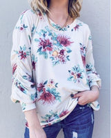 Floral Print Round Neck With 3/4 Shirred Sleeve