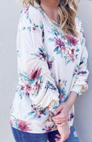 Floral Print Round Neck With 3/4 Shirred Sleeve