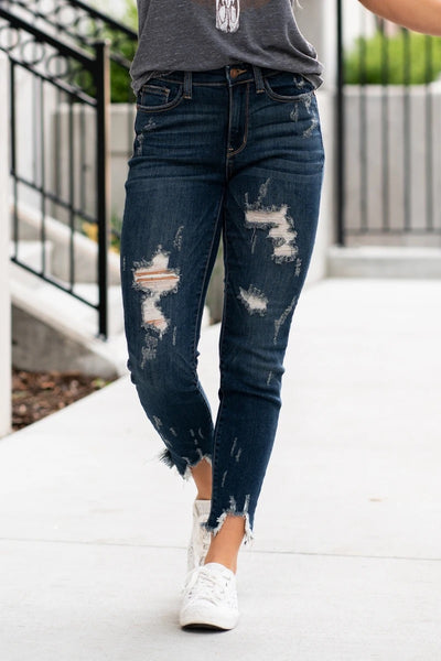 Judy Blue Mid Rise Shark hem distressed jeans