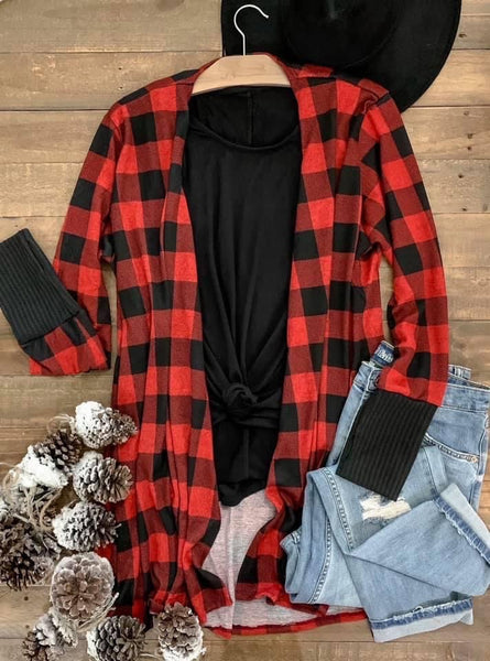 Buffalo Plaid Cardi w/thumbholes - Red/Black