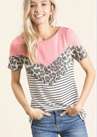 Short sleeve color block animal print and stripe tee